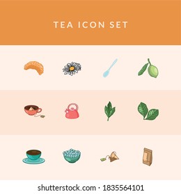 Tea line and fill style 12 icon set design, Time drink breakfast and beverage theme Vector illustration