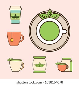 Tea line and fill style 6 icon set design, Time drink breakfast and beverage theme Vector illustration