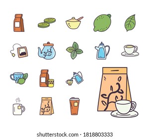 Tea line and fill style collection of icons design, Time drink breakfast and beverage theme Vector illustration