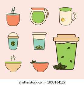 Tea line and fill style icon set design, Time drink breakfast and beverage theme Vector illustration