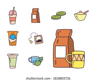 Tea line and fill style set icons design, Time drink breakfast and beverage theme Vector illustration