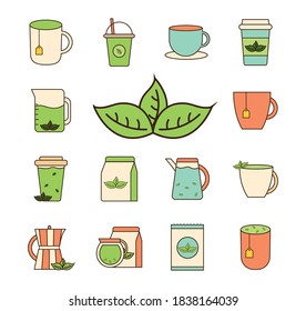 Tea line and fill style set icons design, Time drink breakfast and beverage theme Vector illustration