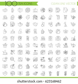 Tea line icon set - cup, bag, kettle with spices and lemons