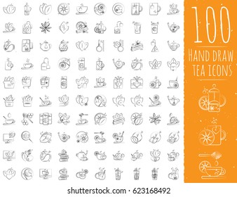 Tea line icon set - cup, bag, kettle with spices and lemons, hand draw style
