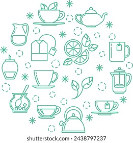 Tea line icon set in round doodle shape