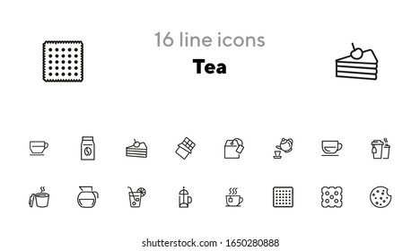 Tea line icon set. Teabag, cup, pot. Drink concept. Can be used for topics like hot drink, ice tea, cafe menu