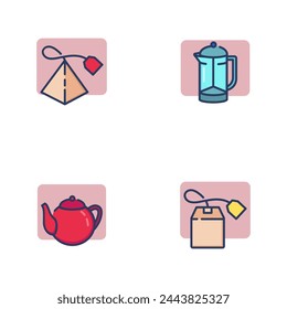 Tea line icoon set. Teapot, teabags, French press. Beverage or breakfast concept. Vector illustration symbol element for web design and apps