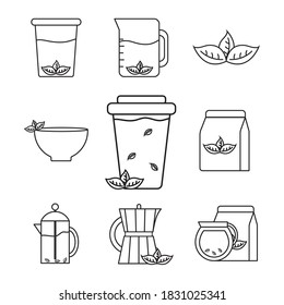 Tea line style 6 icon set design, Time drink breakfast and beverage theme Vector illustration