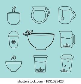 Tea line style icon set design, Time drink breakfast and beverage theme Vector illustration