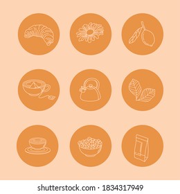 Tea line style icon set design, Time drink breakfast and beverage theme Vector illustration