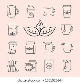 Design der Set-Symbole für Tee-Linie, Time Drinks Frühstück und Getränke-Thema Vektorgrafik