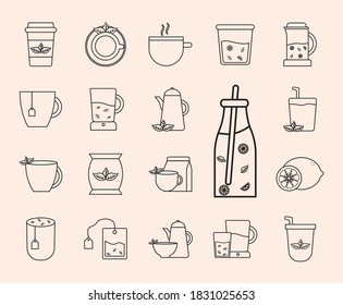 Estilo de línea de té conjunto de iconos diseño, Desayuno de bebida y bebida tema Vector ilustración