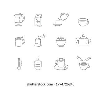 Tea linear icons. Everything for tea drinking. Vector