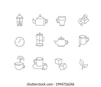 Tea linear icons. Everything for tea drinking. Vector