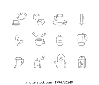 Tea linear icons. Everything for tea drinking. Vector