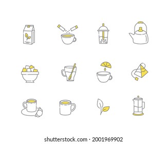 Tea linear icons. Everything for tea drinking. Vector