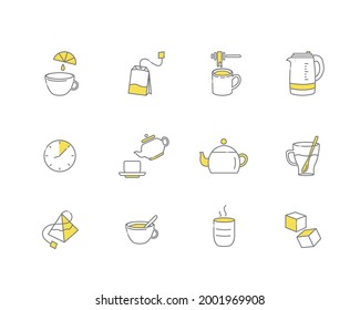 Tea linear icons. Everything for tea drinking. Vector