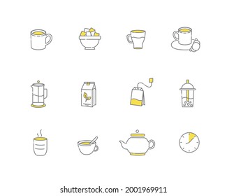 Tea linear icons. Everything for tea drinking. Vector