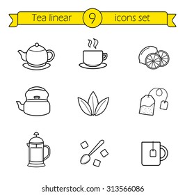 Tea linear icons set. Cafe hot drinks thin line menu illustrations. Black and green tea with sliced lemon. French press teapot contour symbol. Sugar cubes with spoon. Vector isolated outline  drawings