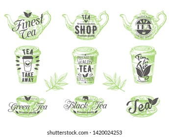 Tea logo, badge, label, emblem set, vector illustration in retro style. Tea shop vintage typography.