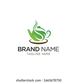 Tea logo concept, teapot with leaves vector design template