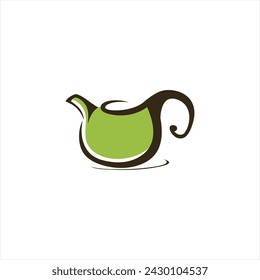 Concepto de logotipo de té, tetera con hojas plantilla de diseño vectorial