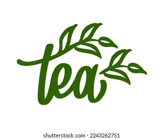 Tea logo design. Hand-drawn lettering with brush written use. Vector label for brand. Template calligraphy decorated simple green leaves.