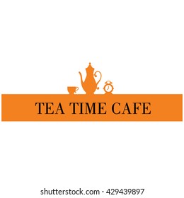 Tea logo icon with tea cup and the clock images with inscription Tea time cafe.

