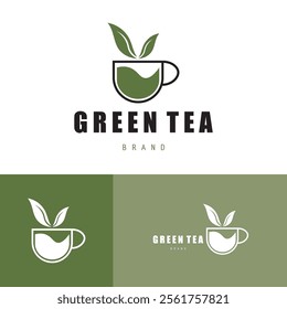 Tea logo icon. green tea in a cup with tea bag design illustration. healthy green tea drink concept logo design vector.