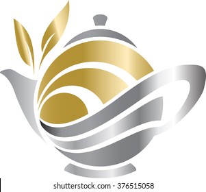 Icono del logo del té con hojas de tetera, taza y té. 