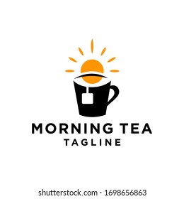 tea logo with sun rise and sea water in modern line outline style vector icon template