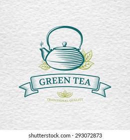 Tea logo template and design element for tea shop, restaurant, on watercolor paper background texture. Teapot vector illustration.