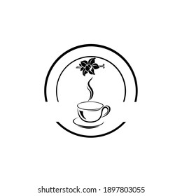 Vorlage für Tee-Logo. Logo für Bio-Green-Tee-Shop für gesunden Lifestyle. Pokal des ökologischen Tees und frischer grüner Blätter