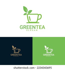 Tea Logo Template. Logo for Organic Green tea Shop for Healthy Lifestyle. Cup of Organic Green Tea and Fresh Green Leafs