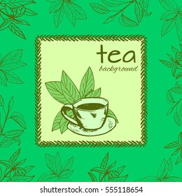 tea logo vector background with painted leaves tea and a Cup