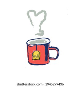 Tea lover, cup or mug with tea. Hand drawn ink doodle for print design, colored trendy vector illustration, flat design, isolated on a white background