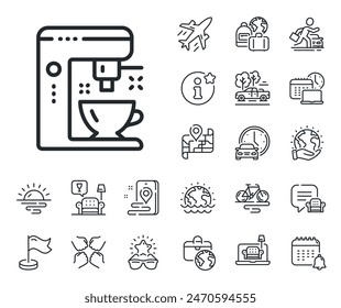 Tea machine sign. Plane jet, travel map and baggage claim outline icons. Coffee maker line icon. Hotel service symbol. Coffee maker line sign. Car rental, taxi transport icon. Place location. Vector