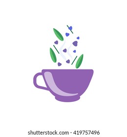 Tea Made With Love  In Purple Cup Flat Bright Color Simplified Vector Drawing On White Background