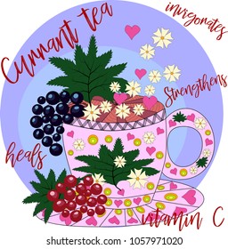 Tea made from red and black currants. Tea cooked with love. Hand drawn design element