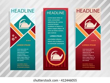 Tea maker icon on vertical banner. Modern abstract flyer, banner, brochure design template. 