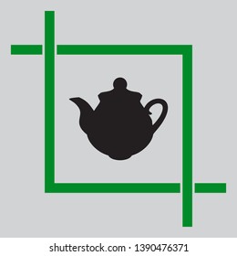 Tea maker Kitchen sign. Black icon inside green crop tool at light gray background