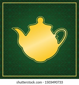 Tea maker Kitchen sign. Golden icon with gold contour at dark green gridded  background. Illustration.