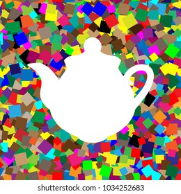 Tea maker Kitchen sign. Vector. White icon on colorful background with seamless pattern from squares.