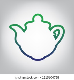 Tea maker Kitchen sign. Vector. Green to blue gradient contour icon at grayish background with light in center.