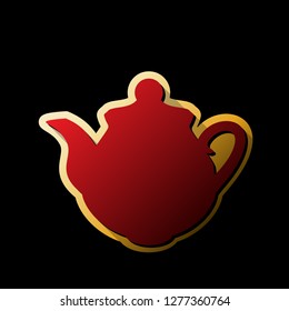Tea maker Kitchen sign. Vector. Red icon with small black and limitless shadows at golden sticker on black background.