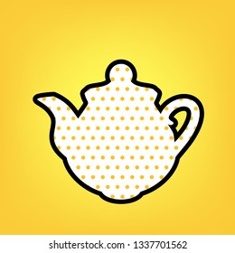 Tea maker Kitchen sign. Vector. Yellow polka dot white icon with black contour at warm yellow background.