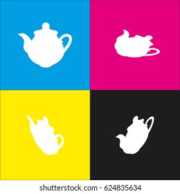 Tea maker Kitchen sign. Vector. White icon with isometric projections on cyan, magenta, yellow and black backgrounds.