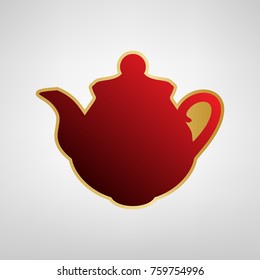 Tea maker Kitchen sign. Vector. Red icon on gold sticker at light gray background.