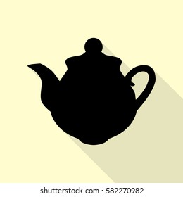 Tea maker sign. Black icon with flat style shadow path on cream background.