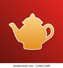 Tea maker sign. Golden gradient Icon with contours on redish Background. Illustration.